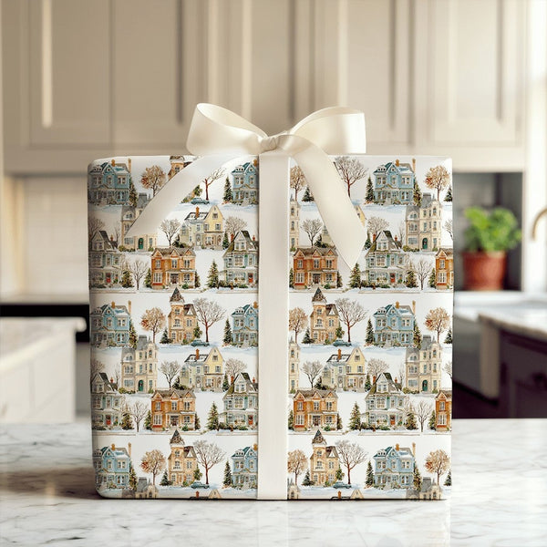 Watercolor Winter Village Gift Wrap, Victorian House Wrapping Paper, Snowy Town Holiday Wrapping Paper, Comfy Christmas Gift 
