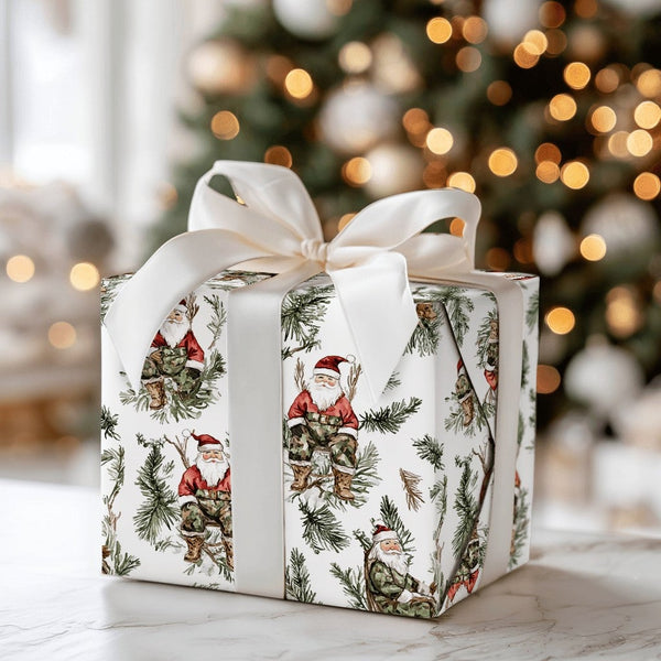 Camo Rifle Santa Claus Gift Wrap, Hunter Santa Wrapping Paper, Rustic Outdoor Santa Christmas Wrapping Paper, Hunting Holiday