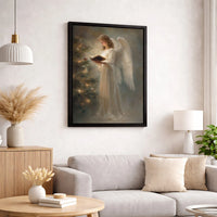 Holiday Angel Canvas Print, Angel Reading Christmas Tree Canvas Art, Vintage Christmas Angel Wall Art, Festive Winter Canvas Decor Present