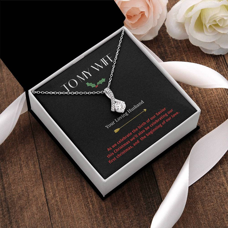 14k White Gold CZ Ribbon Pendant Necklace, To My Wife Christmas Necklace, Holiday Wife Necklace, Romantic Christmas Present for Her