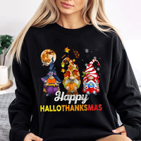 Halloween Thanksgiving Christmas Sweater, Hallothanksmas Gnome Sweatshirt, Adorable Trio Holiday Gnome Crewneck, Comfy Fall Winter Pullover