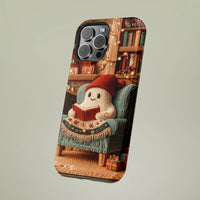 Comfy Fireplace Reading Ghost Phone Case, Christmas Ghost Phone Case for iPhone, Bookish Winter Holiday Tough Cover, Bookworm Present for Her