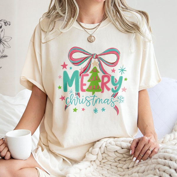 Pastel Bow and Holiday Tree Shirt, Merry Christmas T-Shirt, Adorable Coquette Xmas Graphic Tee, Festive Holiday Tree T-Shirt,
