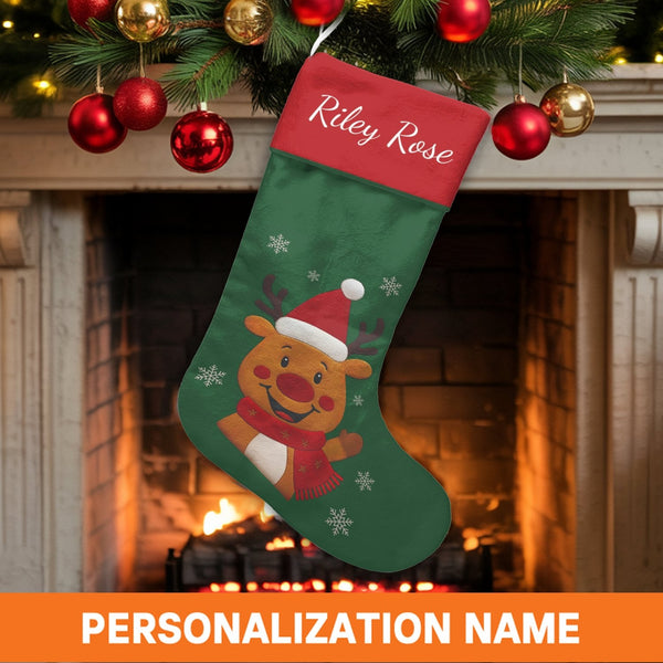 Snowflake Holiday Stocking, Adorable Reindeer Christmas Stocking, Personalized Christmas Stocking, Custom Name Stocking, Kids