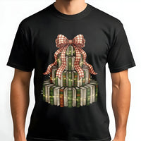Festive Librarian Reading Graphic Tee, Christmas Book Tree T-Shirt, Book Lover Holiday Shirt, Adorable Reader Teacher Christmas T-Shirt