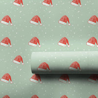 Sage Green Snow Gift Wrap, Santa Hat Christmas Wrapping Paper, Adorable Holiday Present Paper, Winter Santa Wrapping Paper, Xmas Gift Wrap Roll