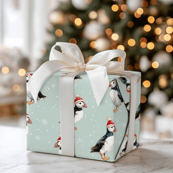 Santa Hat Bird Gift Wrap, Puffin Christmas Wrapping Paper, Watercolor Puffin Wrapping Paper, Coastal Holiday Gift Wrap, Xmas 