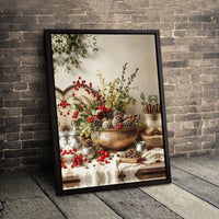 Pine Cones Berries Holiday Wall Art, Christmas Still Life Canvas Print, Winter Botanical Canvas, Christmas Wall Art, Seasonal Home Decor