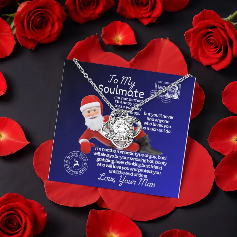 Christmas Message Card Pendant, Santa Soulmate Love Knot Necklace, Romantic CZ Love Knot Necklace, Holiday Wife Necklace, Girlfriend Present
