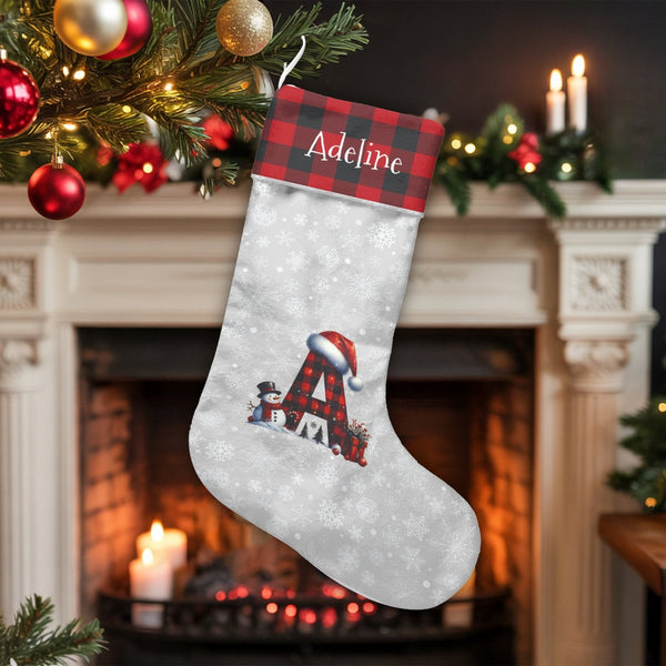 Buffalo Plaid Custom Name Stocking, Personalized Initial A Christmas Stocking, Rustic Monogram Holiday Stocking, Family Mantl