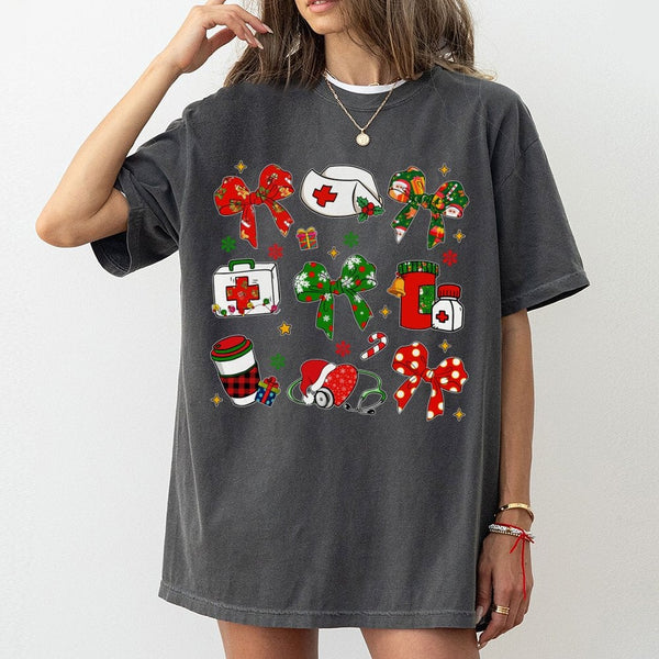 Coquette Bow Nurse T-Shirt, Nurse Christmas T-Shirt, Adorable RN Holiday Graphic Tee, Medical Nursing Student T-Shirt, Holida