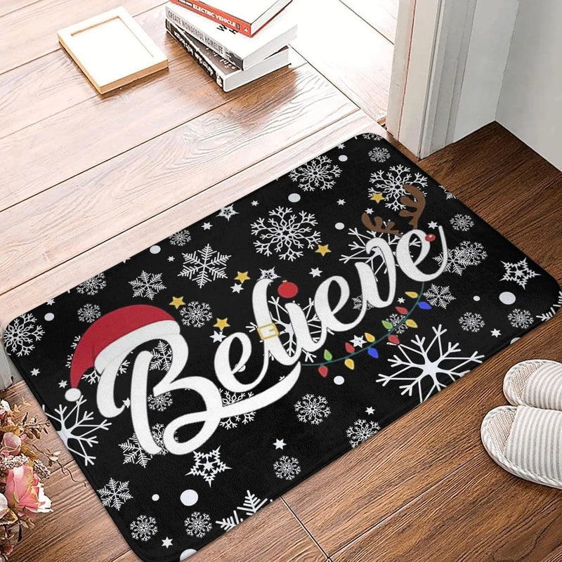 Snowflake Santa Hat Floor Carpet, Christmas Believe Area Rug, Festive Holiday Non-Slip Floor Mat, Winter Home Decor Present