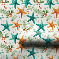 Coastal Christmas Wrapping Paper, Teal and Orange Starfish Wrapping Paper, Beach Holiday Botanical Wrapping Paper, Nautical Xmas Gift Wrap