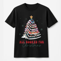 Festive Book Tree Graphic Tee, All Booked for Christmas T-Shirt, Adorable Holiday Reader Shirt, Winter Bookish Present for Bookworms