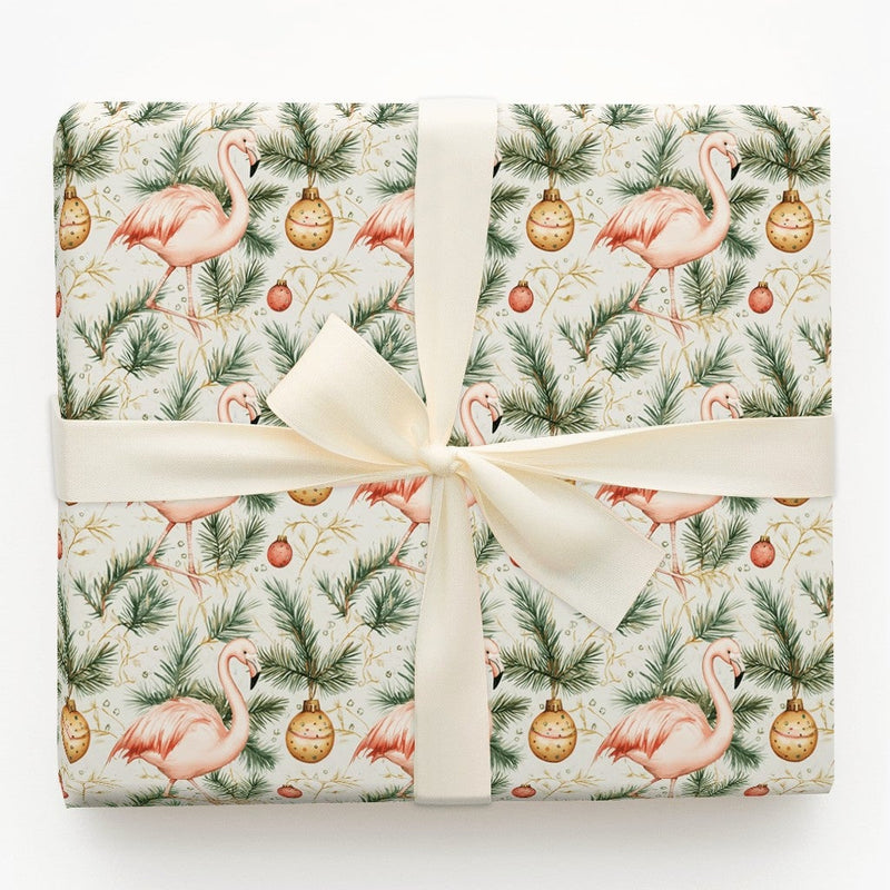 Coastal Holiday Gift Wrap, Pink Flamingo Christmas Wrapping Paper, Tropical Flamingo Wrapping Paper, Pine Branch Christmas Gift Wrap Roll
