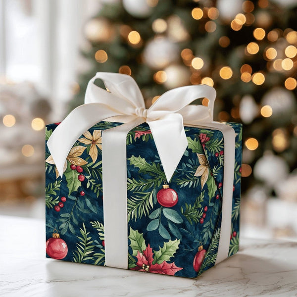 Gold Ornament Holiday Gift Wrap, Navy Poinsettia Christmas Wrapping Paper, Botanical Winter Wrapping Paper, Festive Floral Gi