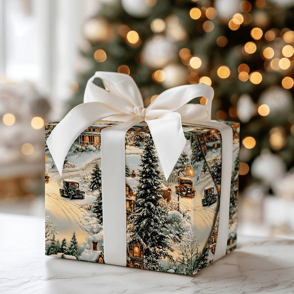 Snowy Town Holiday Gift Wrap, Classic Cars Winter Village Christmas Wrapping Paper, Vintage Xmas Wrapping Paper, Festive Gift