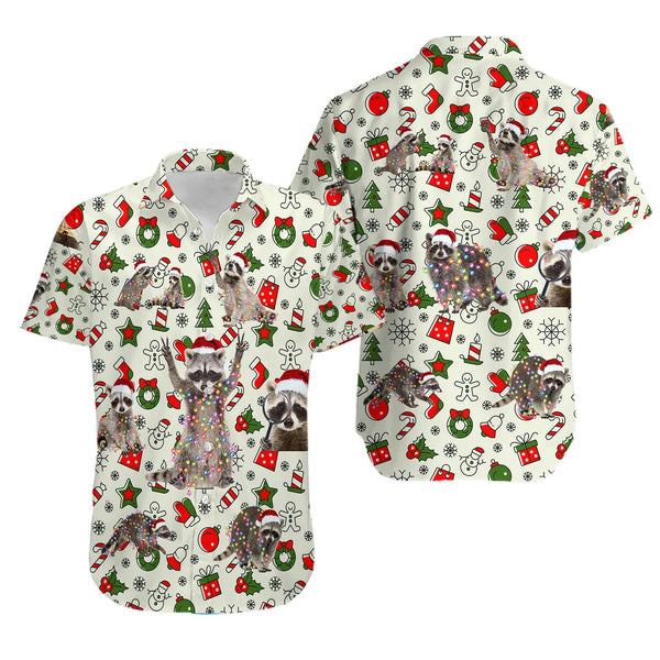 Festive Holiday Raccoon Aloha Shirt, Christmas Raccoon Hawaiian Shirt, Fun Xmas Animal Button Down Shirt, Wildlife Casual Gra