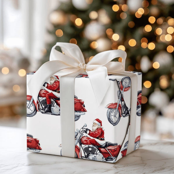 Motorcycle Santa Gift Wrap, Watercolor Biker Santa Wrapping Paper, Red Cruiser Bike Holiday Wrapping Paper, Christmas Biker G