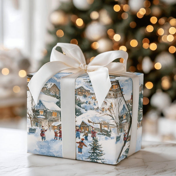 Mountain Chalet Holiday Gift Wrap, Watercolor Snowy Village Wrapping Paper, Comfy Christmas Town Wrapping Paper, Festive Wint