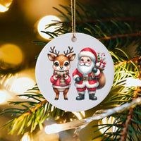 Adorable Santa Ceramic Ornament, Santa and Reindeer Christmas Ornament, Holiday Reindeer Tree Ornament, Festive Family Keepsake Ornament Present