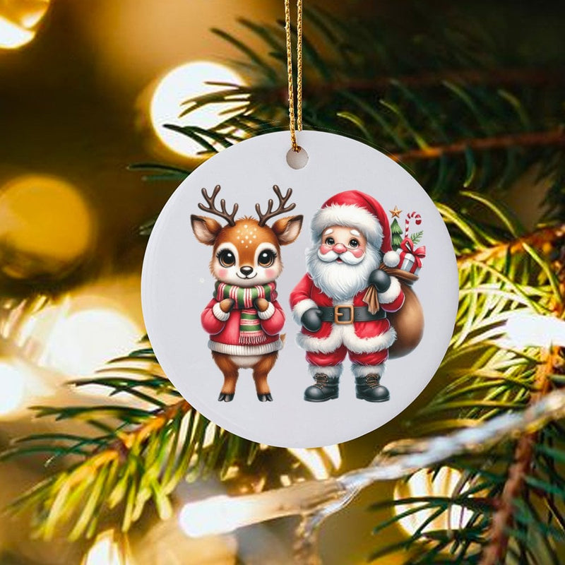 Adorable Santa Ceramic Ornament, Santa and Reindeer Christmas Ornament, Holiday Reindeer Tree Ornament, Festive Family Keepsake Ornament Present