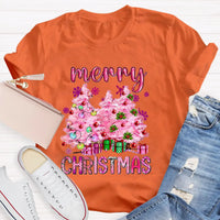 Festive Holiday Graphic T-Shirt, Pink Tree Christmas Teacher Shirt, Adorable Teacher Christmas Tee, Winter School Vacation Teacher Present