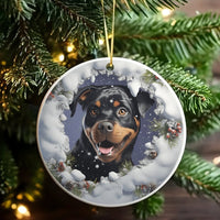 Snowy Winter Dog Ornament, Rottweiler Christmas Ornament, Glossy Ceramic Tree Ornament, Round Dog Lover Keepsake, Festive Holiday Pet Present