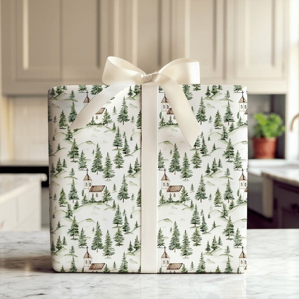 Watercolor Pine Forest Gift Wrap, Country Church Wrapping Paper, Rustic Chapel Present Wrap, Religious Christmas Holiday Pape