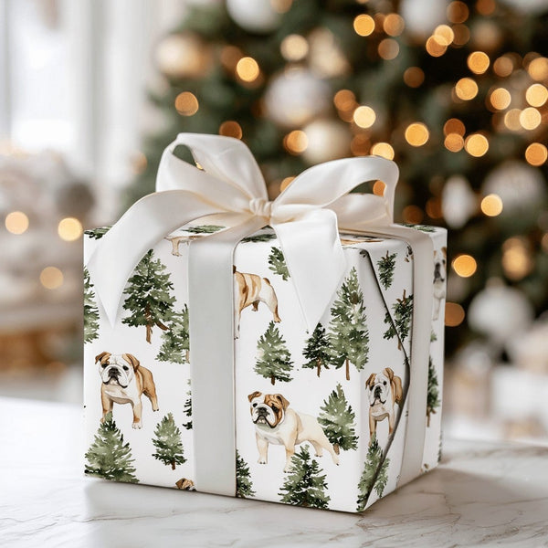 Dog Holiday Wrapping Paper, English Bulldog Christmas Wrapping Paper, Pine Tree Winter Gift Wrap, Bulldog Gift Wrap, Present 