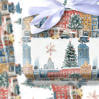 Winter Street Gift Wrap, Snowy City Christmas Wrapping Paper, Watercolor Holiday Wrapping Paper, Festive Town Gift Wrap, Present Paper