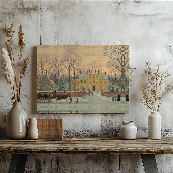 Snowy Landscape Horse Sleigh Wall Art, Colonial Winter Mansion Canvas Print, Traditional Holiday Canvas, Vintage Christmas Wa