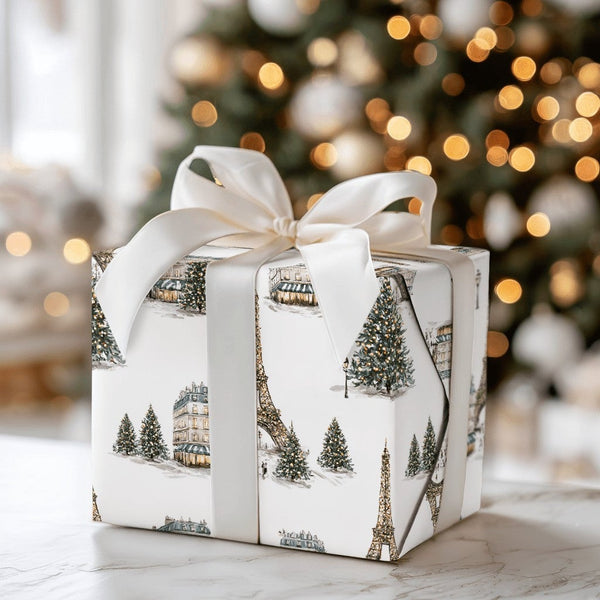 Snowy Eiffel Tower Gift Wrap, Paris Christmas Wrapping Paper, French Cityscape Holiday Wrapping Paper, Francophile Gift Wrapp