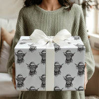 Black and White Christmas Gift Wrap, Sketch Highland Cow Wrapping Paper, Rustic Cow Holiday Wrapping Paper, Farmhouse Gift Wrap Paper Roll