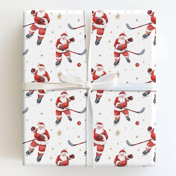 Sporty Santa Gift Wrap, Ice Hockey Santa Christmas Wrapping Paper, Gold Snowflake Hockey Gift Wrapping Paper, Holiday Wrap fo