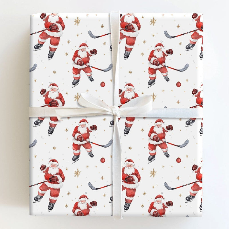 Sporty Santa Gift Wrap, Ice Hockey Santa Christmas Wrapping Paper, Gold Snowflake Hockey Gift Wrapping Paper, Holiday Wrap for Sports Fans