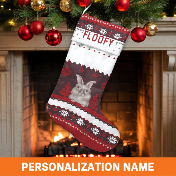 Nordic Pattern Bunny Christmas Stocking, Personalized Rabbit Christmas Stocking, Adorable Bunny Holiday Stocking, Pet Lover X
