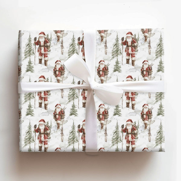 Snowy Forest Christmas Gift Wrap, Vintage Hiking Santa Wrapping Paper, Watercolor Santa Claus Present Paper, Rustic Holiday P