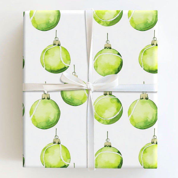 Xmas Ornament Gift Wrap, Tennis Ball Wrapping Paper, Watercolor Tennis Holiday Wrap, Sports Fan Christmas Wrapping Paper, Hol