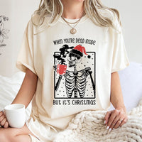 Coffee Drinking Skull Tee, Dead Inside Skeleton Christmas T-Shirt, Sarcastic Goth Holiday Shirt, Humorous Spooky Xmas Present for Men