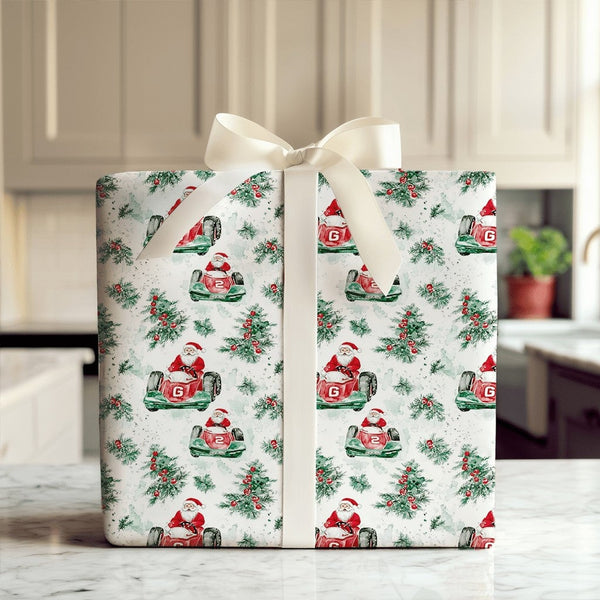 Letter G Number 2 Gift Wrap, Santa Vintage Race Car Wrapping Paper, Watercolor Trees Holiday Paper, Festive Christmas Wrappin