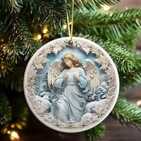 Snowy Winter Landscape Ceramic Keepsake, Guardian Angel Christmas Ornament, Religious Holiday Tree Decor