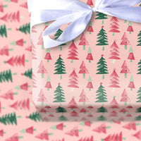 Festive Holiday Gift Wrap Paper, Pink Watercolor Christmas Tree Wrapping Paper, Modern Pastel Christmas Wrapping Paper Roll Present Wrap