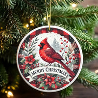 Bird Lover Ceramic Ornament, Red Cardinal Buffalo Plaid Christmas Ornament, Winter Wildlife Keepsake Ornament, Holiday Tree Decor Present