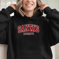 Varsity Lettering Holiday Hoodie, Santa's Favorite Christmas Hoodie, Comfy Winter Graphic Sweatshirt, Santa Claus Pullover Hoodie