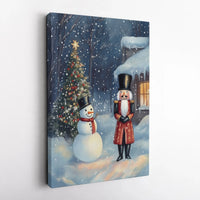 Snowy Winter Scene Canvas Print, Nutcracker and Snowman Christmas Wall Art, Whimsical Holiday Canvas Decor, Festive Christmas Present