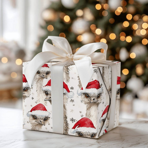 Watercolor Santa Hat Bird Gift Wrap, Christmas Emu Wrapping Paper, Festive Snowflake Present Wrapping Paper, Holiday Gift Wra