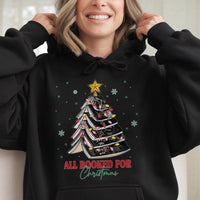 Adorable Book Lover Xmas Tree Hooded Sweatshirt, All Booked for Christmas Hoodie, Comfy Reader Holiday Pullover, Bookish Xmas Present