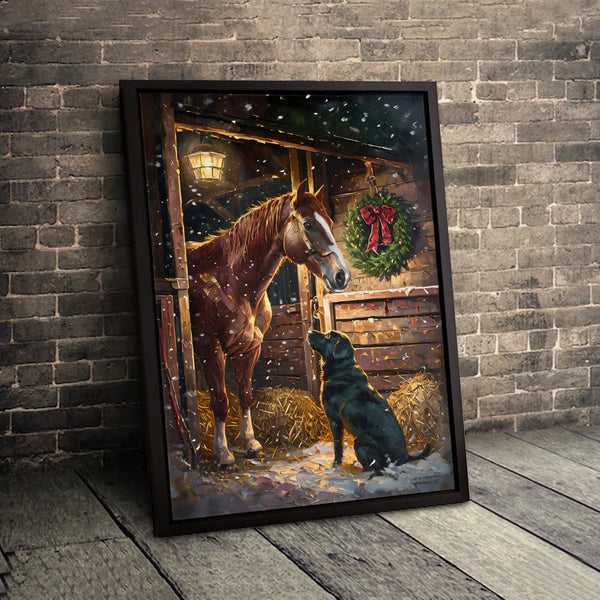 Snowy Christmas Stable Winter Scene Print, Horse and Labrador Canvas Wall Art, Holiday Farmhouse Decor, Digital Download