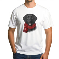 Adorable Dog in Red Scarf Graphic Tee, Black Labrador Christmas T-Shirt, Black Lab Holiday Dog Lover Shirt, Winter Xmas Dog Owner Present T-Shirt